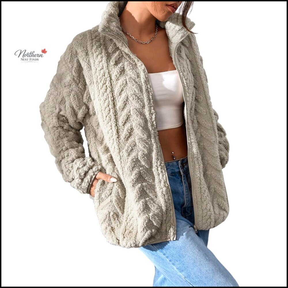 Women's Fleece Jacket Full Zip Stand Collar Pockets Winter Outerwear